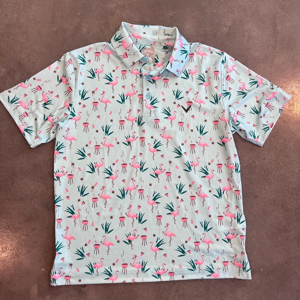 Callaway blue Flamingo pizza bbq Print polo golf shirt Youth boys Large NEW